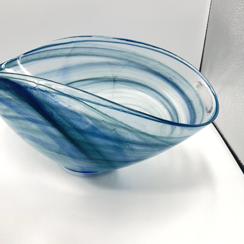 14"x7" Oval Blue Folded Satin Glass Bowl Lines Swirls - Picture 15 of 16